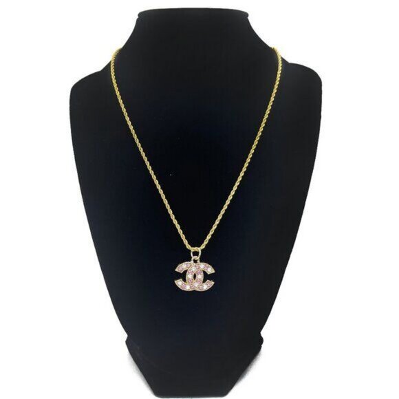 CHANEL CC Pink Rhinestone Charm Pendant on Necklace Gold Plated Chain - Picture 2 of 10